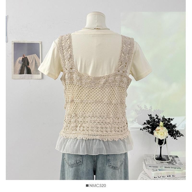 Set: Short-Sleeve Crew Neck Plain Crop T-Shirt + Square Neck Fringed Crochet Knit Tank Top
