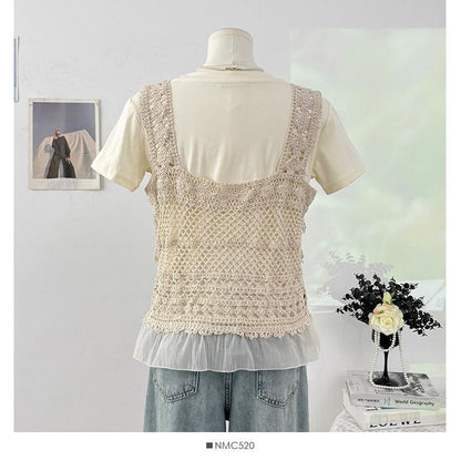 Set: Short-Sleeve Crew Neck Plain Crop T-Shirt + Square Neck Fringed Crochet Knit Tank Top