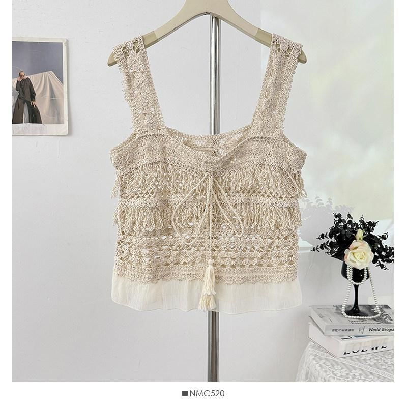 Set: Short-Sleeve Crew Neck Plain Crop T-Shirt + Square Neck Fringed Crochet Knit Tank Top