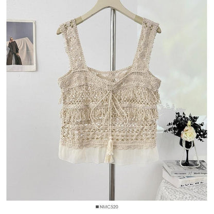 Set: Short-Sleeve Crew Neck Plain Crop T-Shirt + Square Neck Fringed Crochet Knit Tank Top