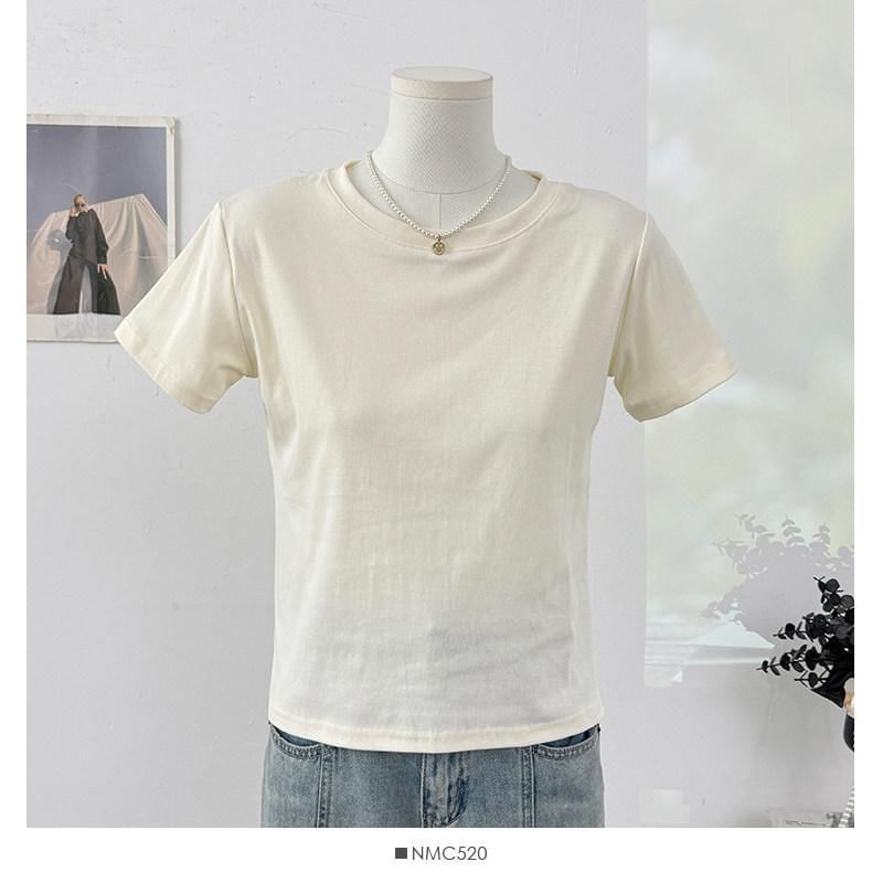 Set: Short-Sleeve Crew Neck Plain Crop T-Shirt + Square Neck Fringed Crochet Knit Tank Top