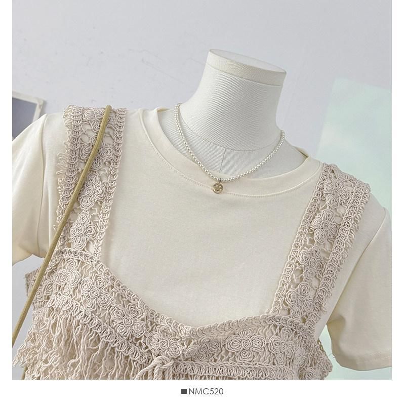 Set: Short-Sleeve Crew Neck Plain Crop T-Shirt + Square Neck Fringed Crochet Knit Tank Top