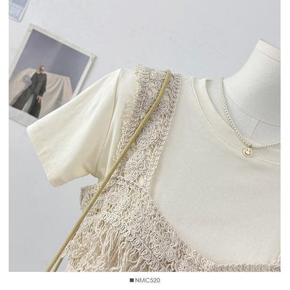 Set: Short-Sleeve Crew Neck Plain Crop T-Shirt + Square Neck Fringed Crochet Knit Tank Top