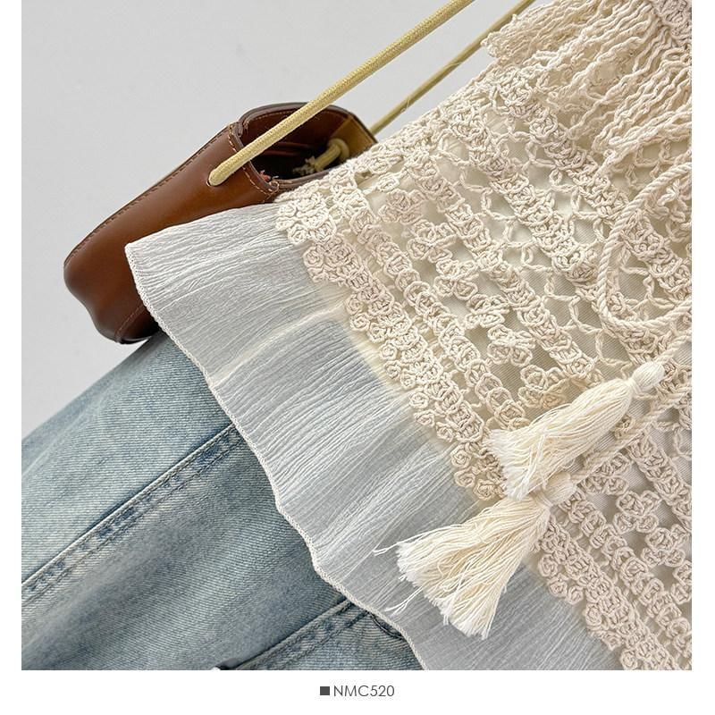 Set: Short-Sleeve Crew Neck Plain Crop T-Shirt + Square Neck Fringed Crochet Knit Tank Top
