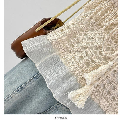 Set: Short-Sleeve Crew Neck Plain Crop T-Shirt + Square Neck Fringed Crochet Knit Tank Top