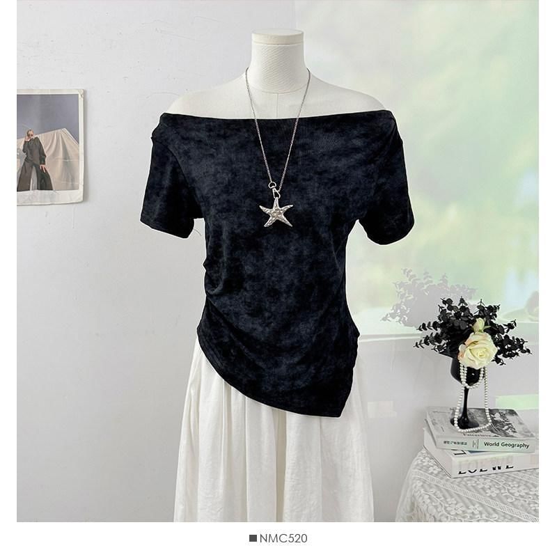 Short-Sleeve Off-Shoulder Tie Dye Asymmetrical Ruched T-Shirt