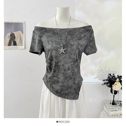 Short-Sleeve Off-Shoulder Tie Dye Asymmetrical Ruched T-Shirt