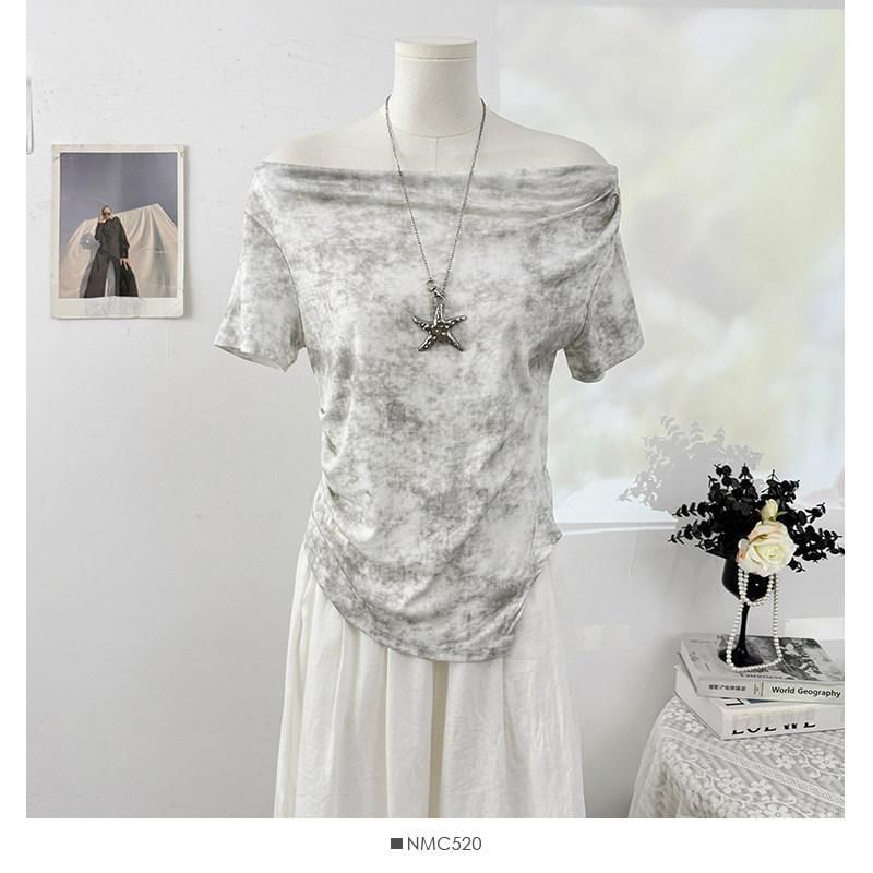 Short-Sleeve Off-Shoulder Tie Dye Asymmetrical Ruched T-Shirt