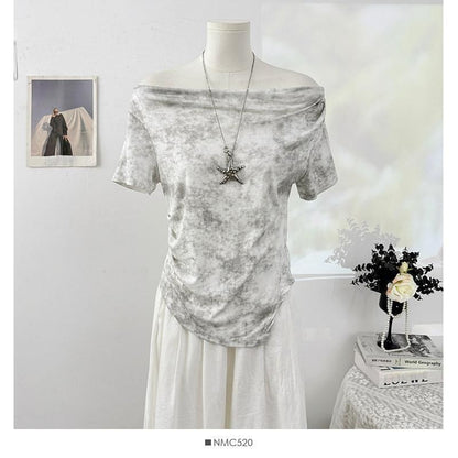 Short-Sleeve Off-Shoulder Tie Dye Asymmetrical Ruched T-Shirt