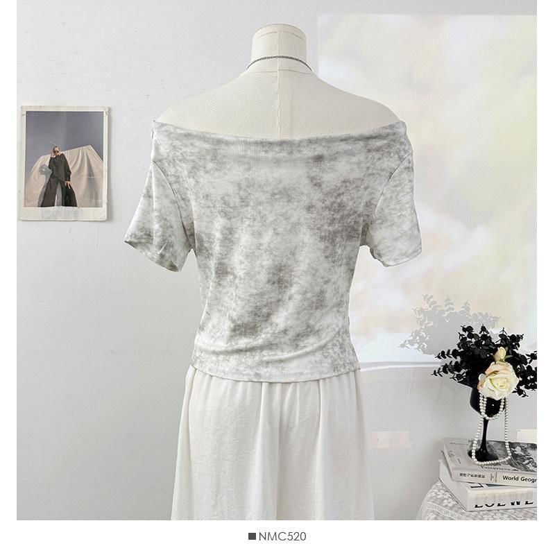 Short-Sleeve Off-Shoulder Tie Dye Asymmetrical Ruched T-Shirt