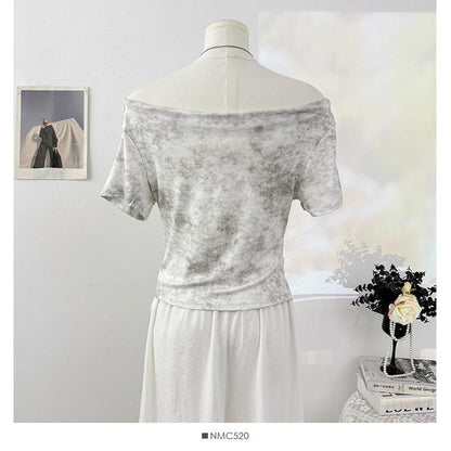 Short-Sleeve Off-Shoulder Tie Dye Asymmetrical Ruched T-Shirt