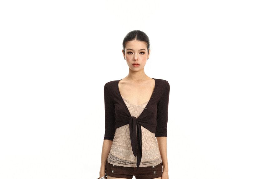 V-Neck Ruched Lace Slim Fit Crop Camisole