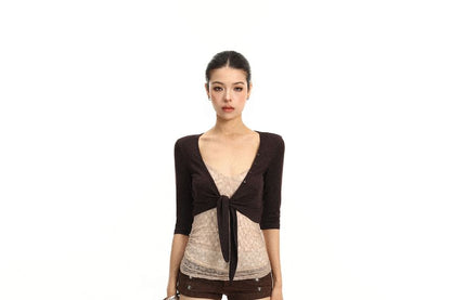 V-Neck Ruched Lace Slim Fit Crop Camisole