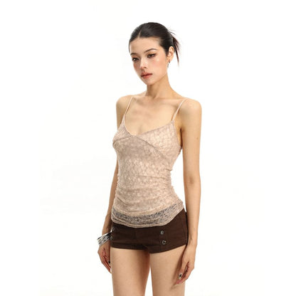 V-Neck Ruched Lace Slim Fit Crop Camisole