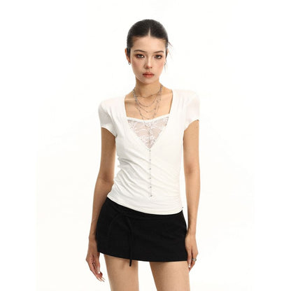 Mock Two Piece V-Neck Lace Panel Ruched Slim Fit Tee
