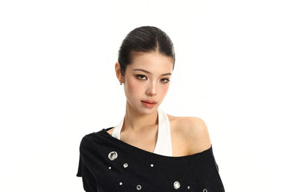 Mock Two Piece Halter Neck Off-Shoulder Grommet Crop Tee
