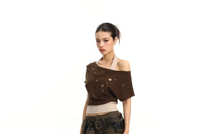 Mock Two Piece Halter Neck Off-Shoulder Grommet Crop Tee