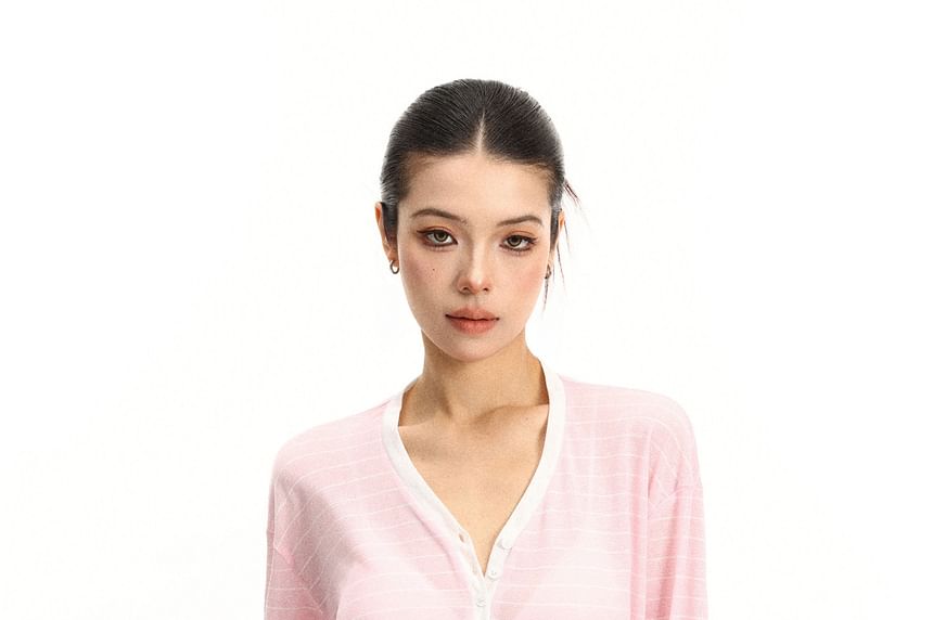 Sheer Striped V-Neck Tee with Contrast Trim