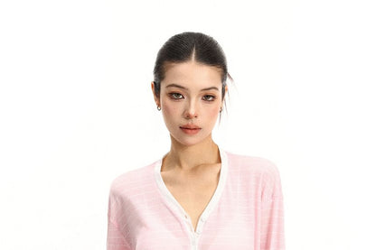 Sheer Striped V-Neck Tee with Contrast Trim
