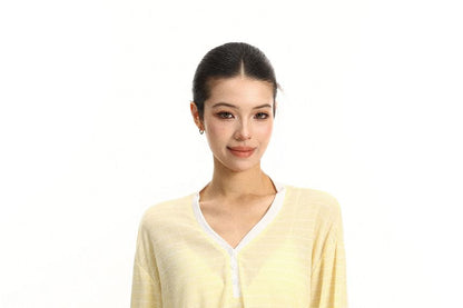 Sheer Striped V-Neck Tee with Contrast Trim