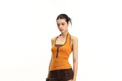 Mock Two Piece Halter Neck Lace Trim Crop Blouse