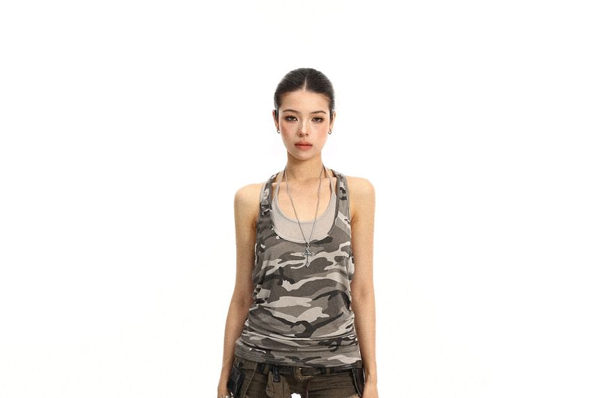 Mock Two Piece Halter Neck Camo Print Racerback Top