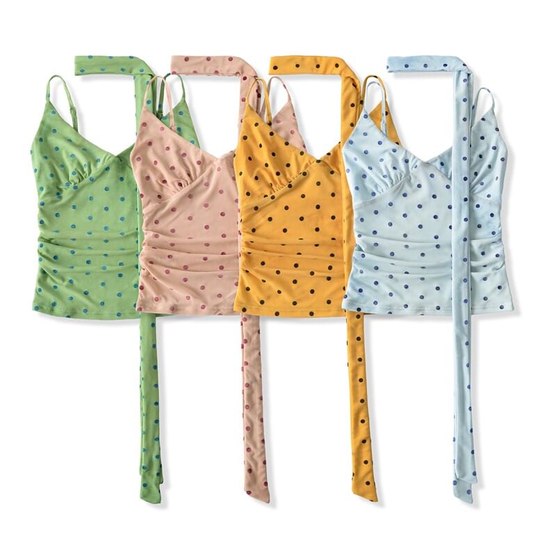 Spaghetti Strap V-Neck Dotted Ruched Camisole Top with Sash
