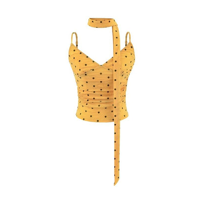Spaghetti Strap V-Neck Dotted Ruched Camisole Top with Sash