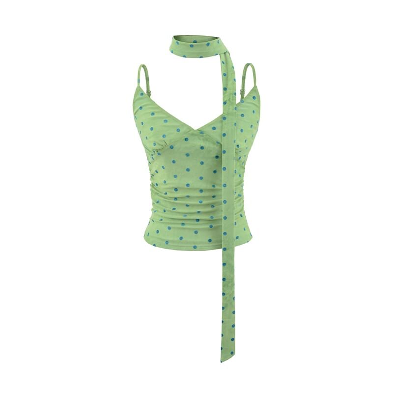 Spaghetti Strap V-Neck Dotted Ruched Camisole Top with Sash