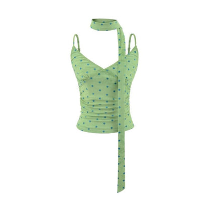 Spaghetti Strap V-Neck Dotted Ruched Camisole Top with Sash