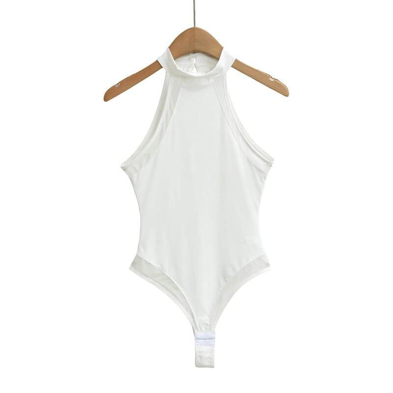 Halter Neck Plain Sheer Panel Bodysuit Top