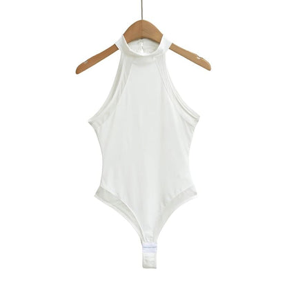 Halter Neck Plain Sheer Panel Bodysuit Top