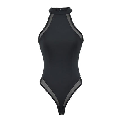 Halter Neck Plain Sheer Panel Bodysuit Top