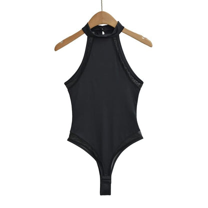 Halter Neck Plain Sheer Panel Bodysuit Top