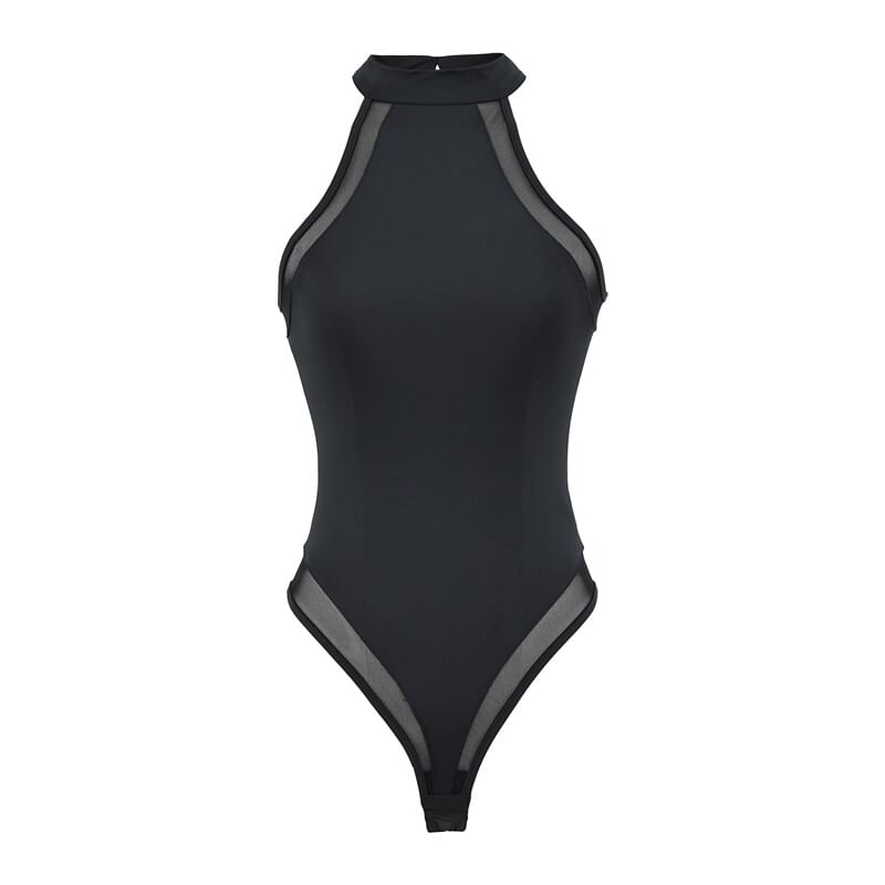 Halter Neck Plain Sheer Panel Bodysuit Top