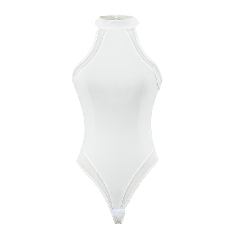 Halter Neck Plain Sheer Panel Bodysuit Top