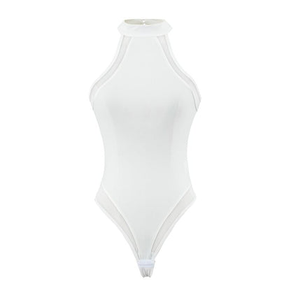 Halter Neck Plain Sheer Panel Bodysuit Top