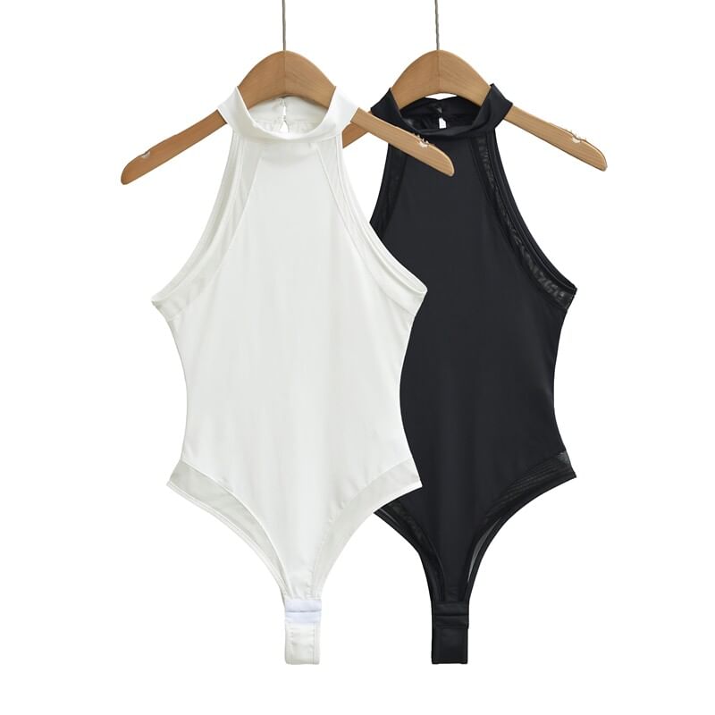 Halter Neck Plain Sheer Panel Bodysuit Top