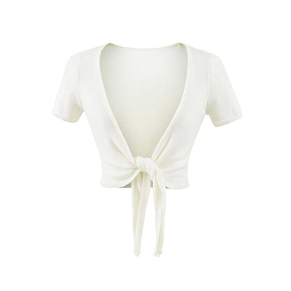 Short-Sleeve V-Neck Plain Tie Waist Crop Top