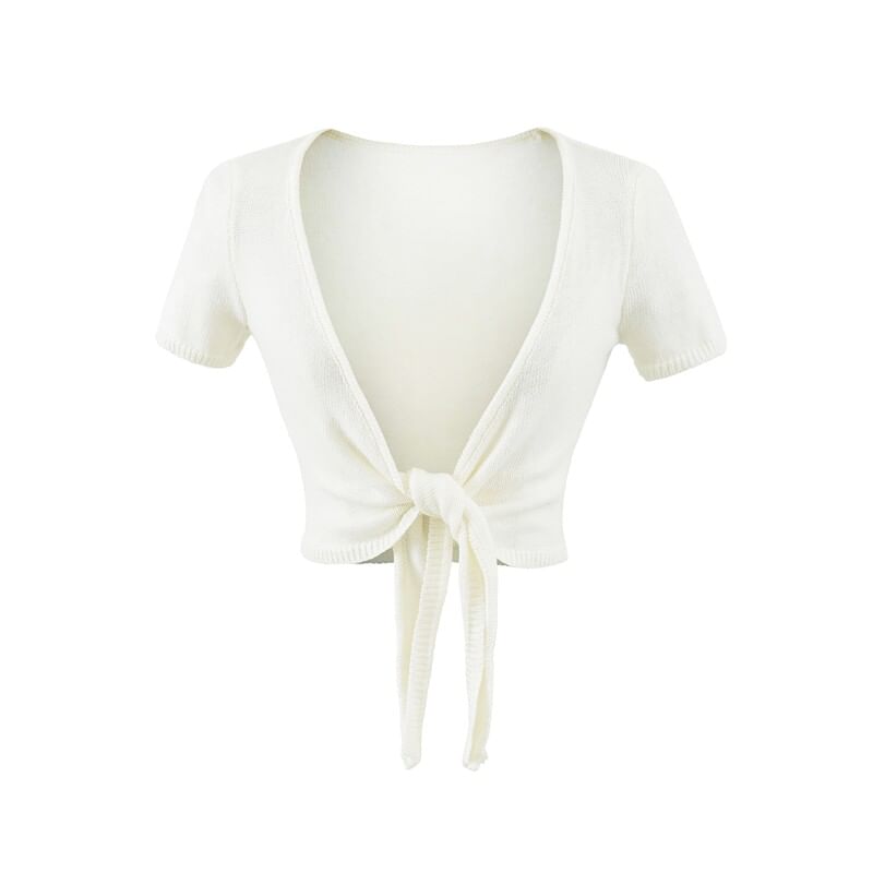 Tie Waist Crop Top with V-Neck and Short Sleeves