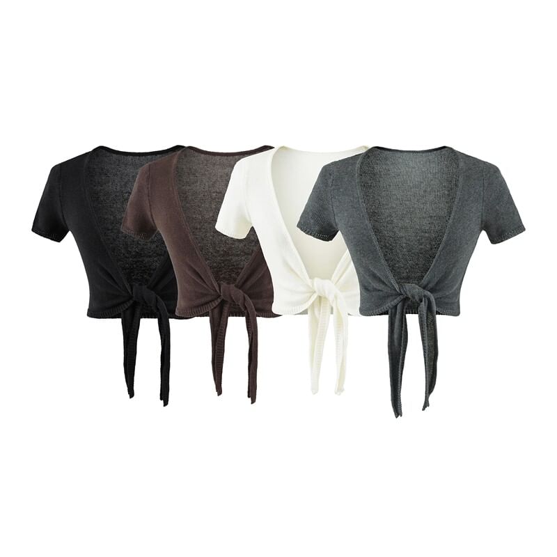 Short-Sleeve V-Neck Plain Tie Waist Crop Top
