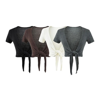 Short-Sleeve V-Neck Plain Tie Waist Crop Top