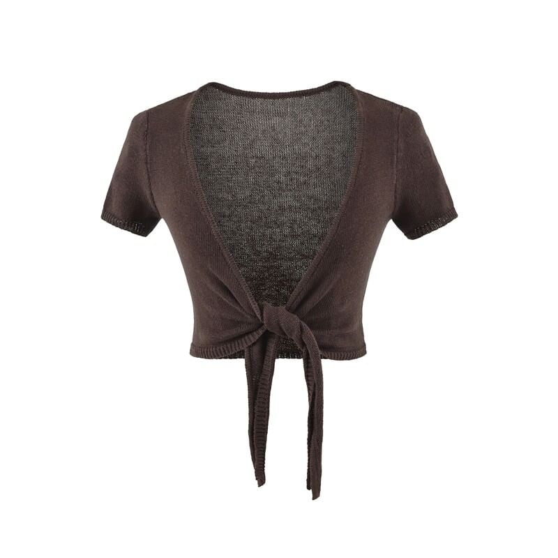 Tie Waist Crop Top with V-Neck and Short Sleeves