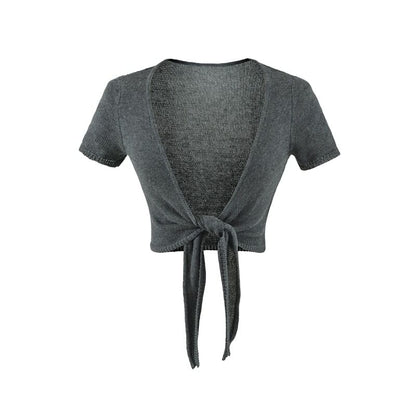 Short-Sleeve V-Neck Plain Tie Waist Crop Top