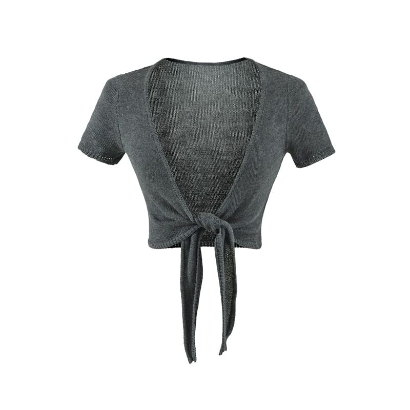 Tie Waist Crop Top with V-Neck and Short Sleeves