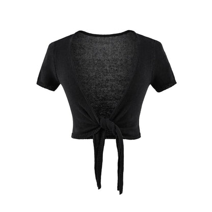Short-Sleeve V-Neck Plain Tie Waist Crop Top