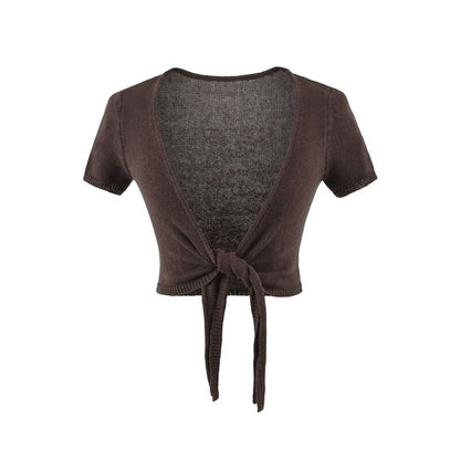 Short-Sleeve V-Neck Plain Tie Waist Crop Top