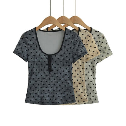 Short-Sleeve Scoop Neck Dotted Crop T-Shirt