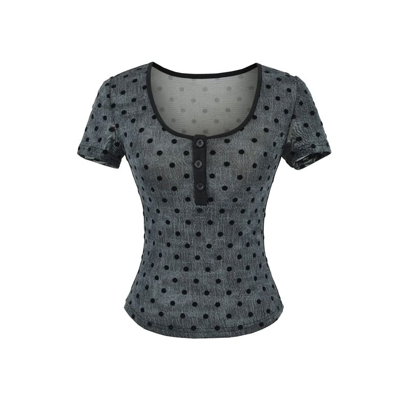 Short-Sleeve Scoop Neck Dotted Crop T-Shirt