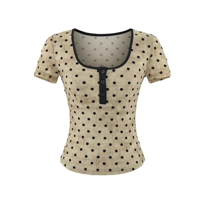 Short-Sleeve Scoop Neck Dotted Crop T-Shirt